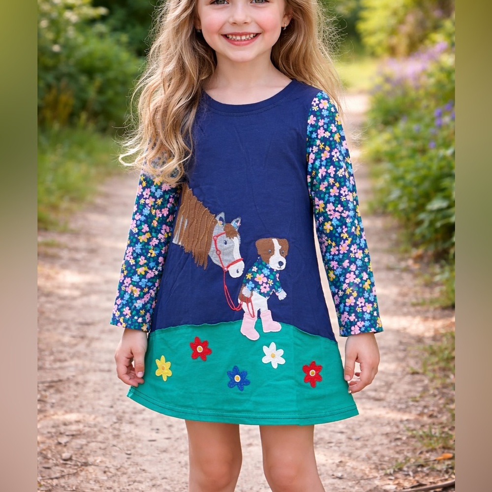 Mini Taylor Long Sleeve  dress for girls 3 - 4 years,print dog , horse , flower